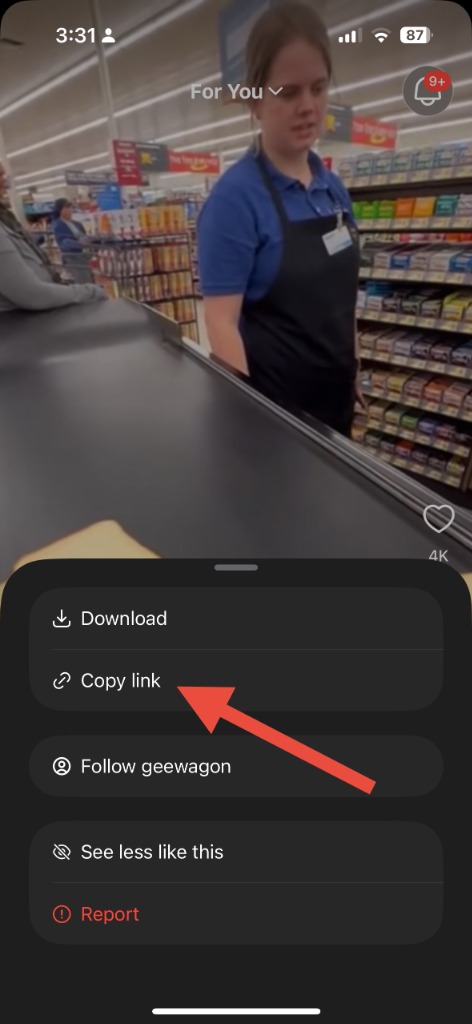 Sora app popup menu showing the Copy link option to tap